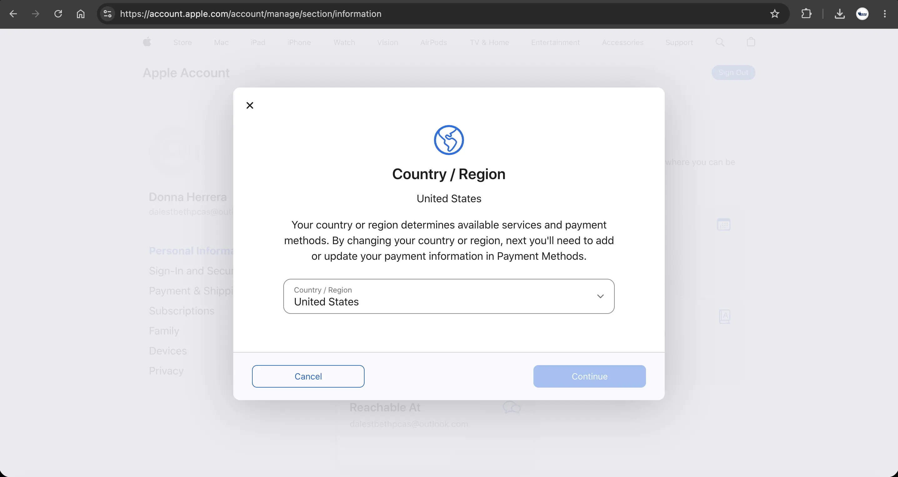 Country-Region در بخش personal information