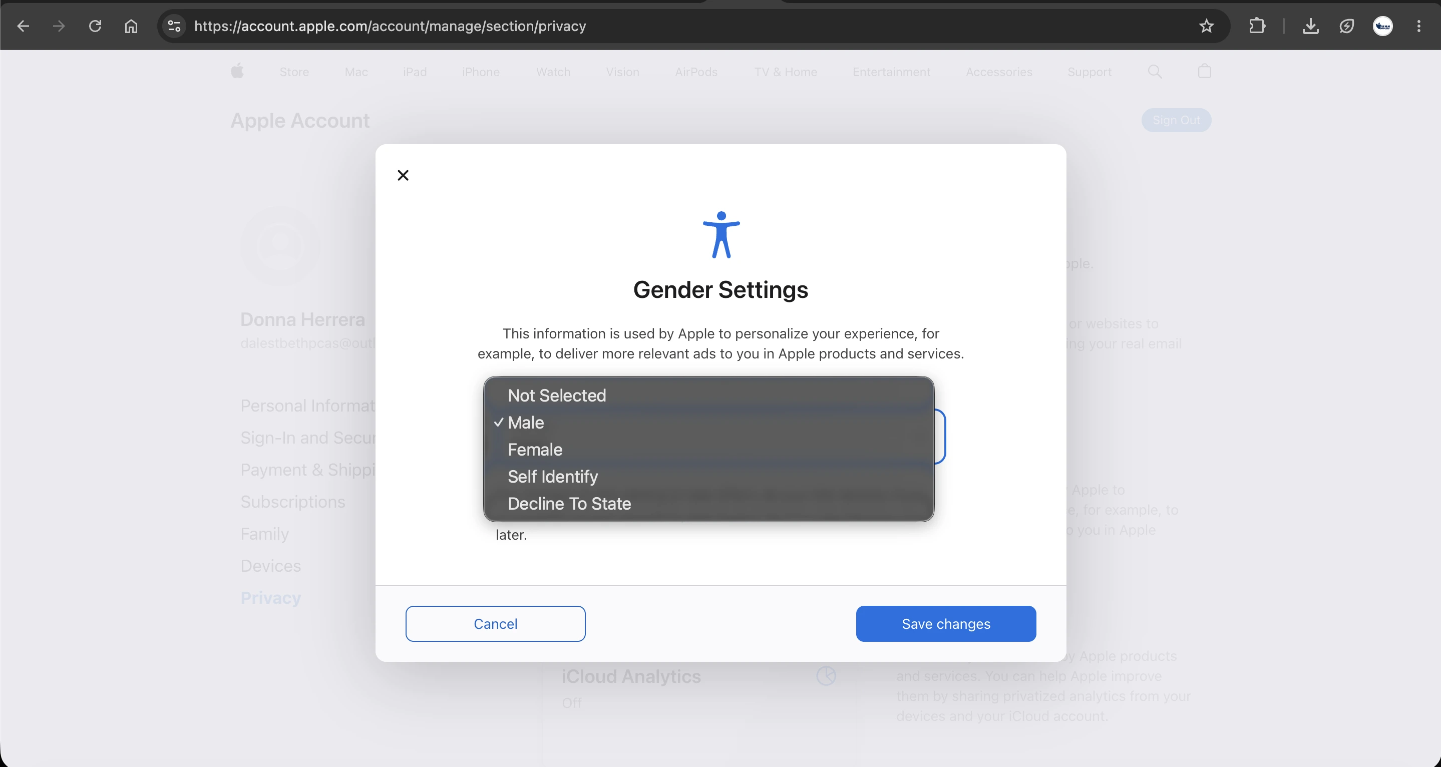 بخش Gender در سایت تغییر مشخصات اپل آیدی