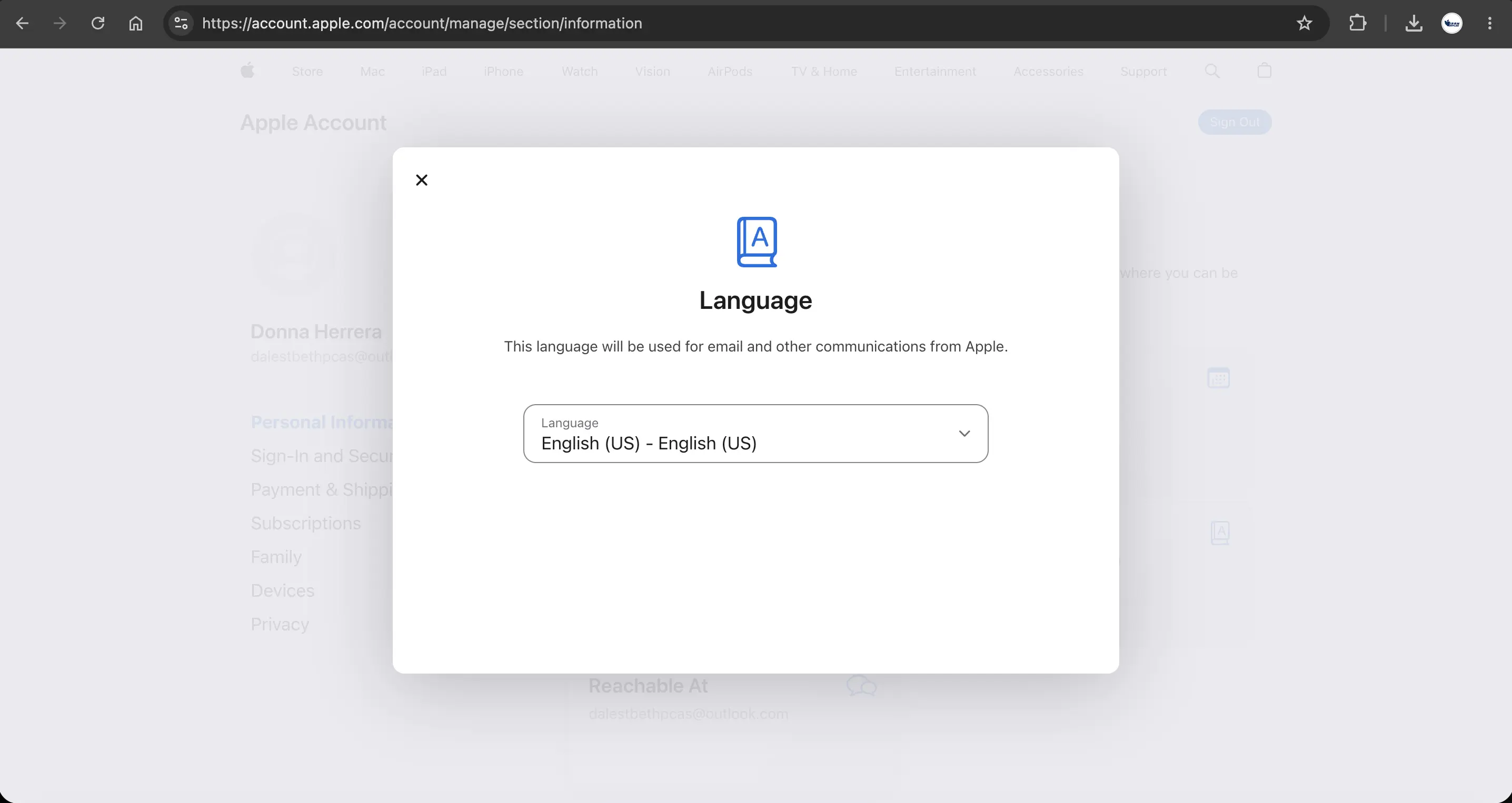 Language در بخش personal information 
