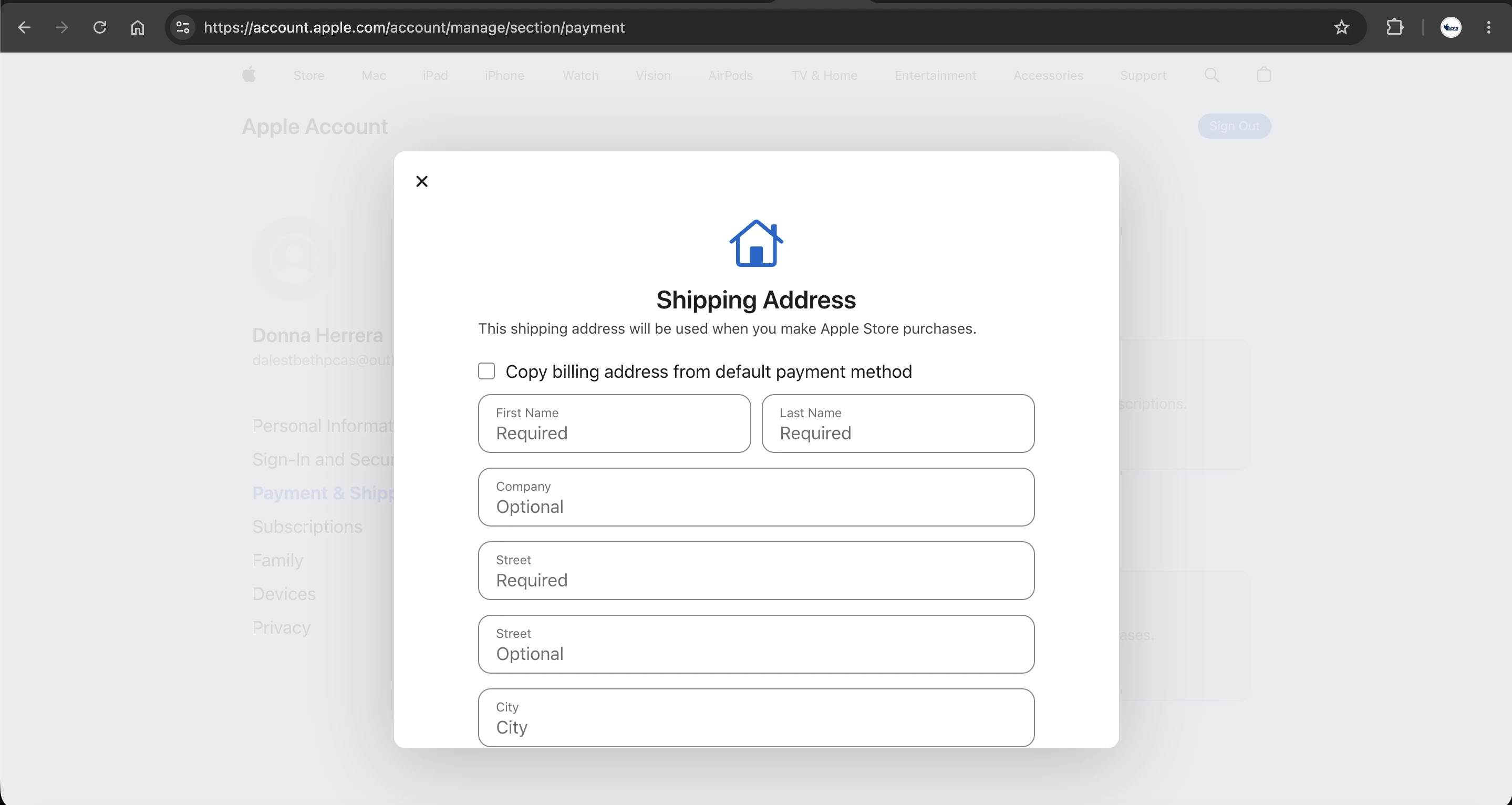 بخش Shipping Address در تنظیمات اپل آیدی