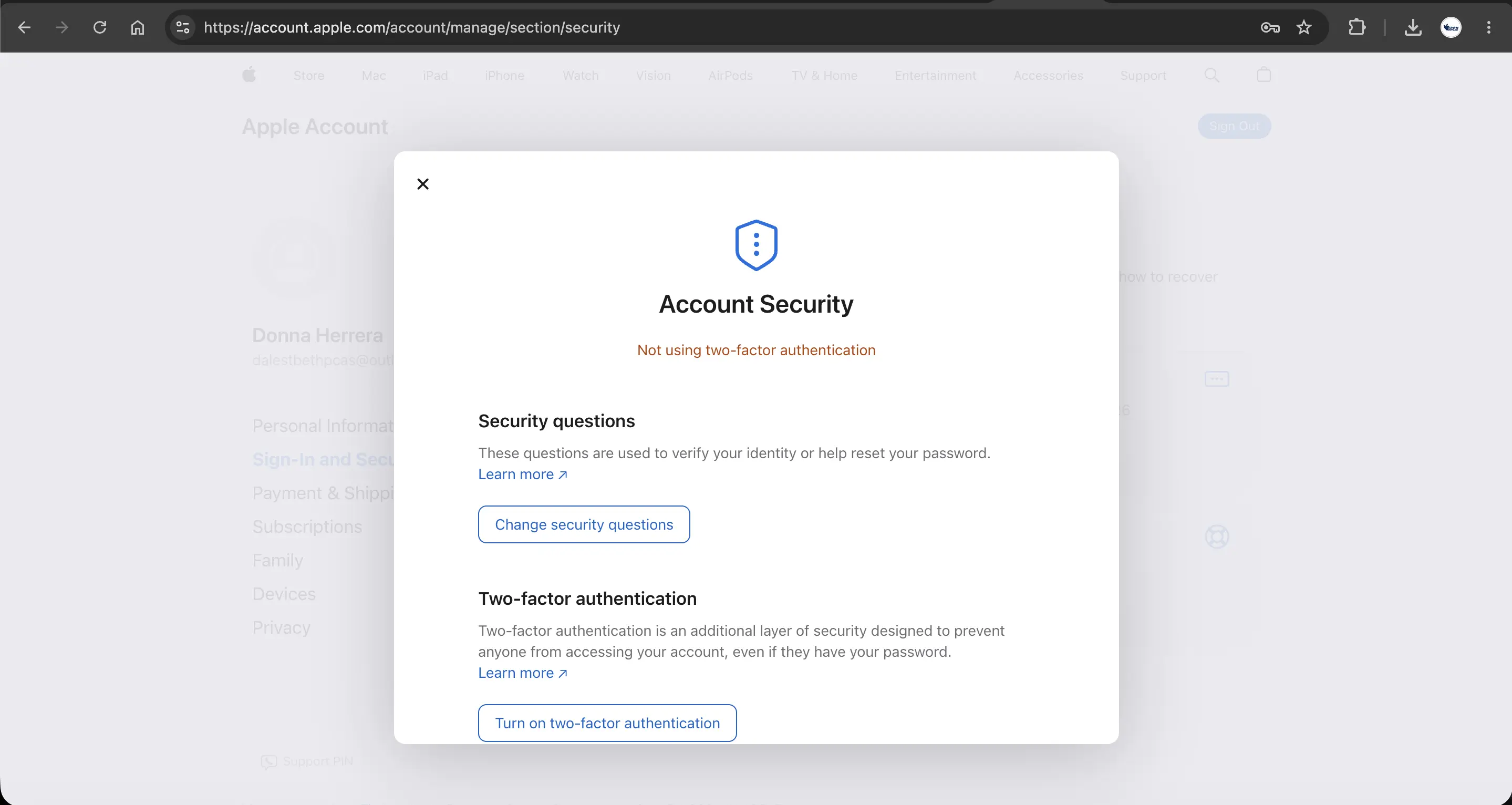 بخش Account Security در تنظیمات اپل آیدی