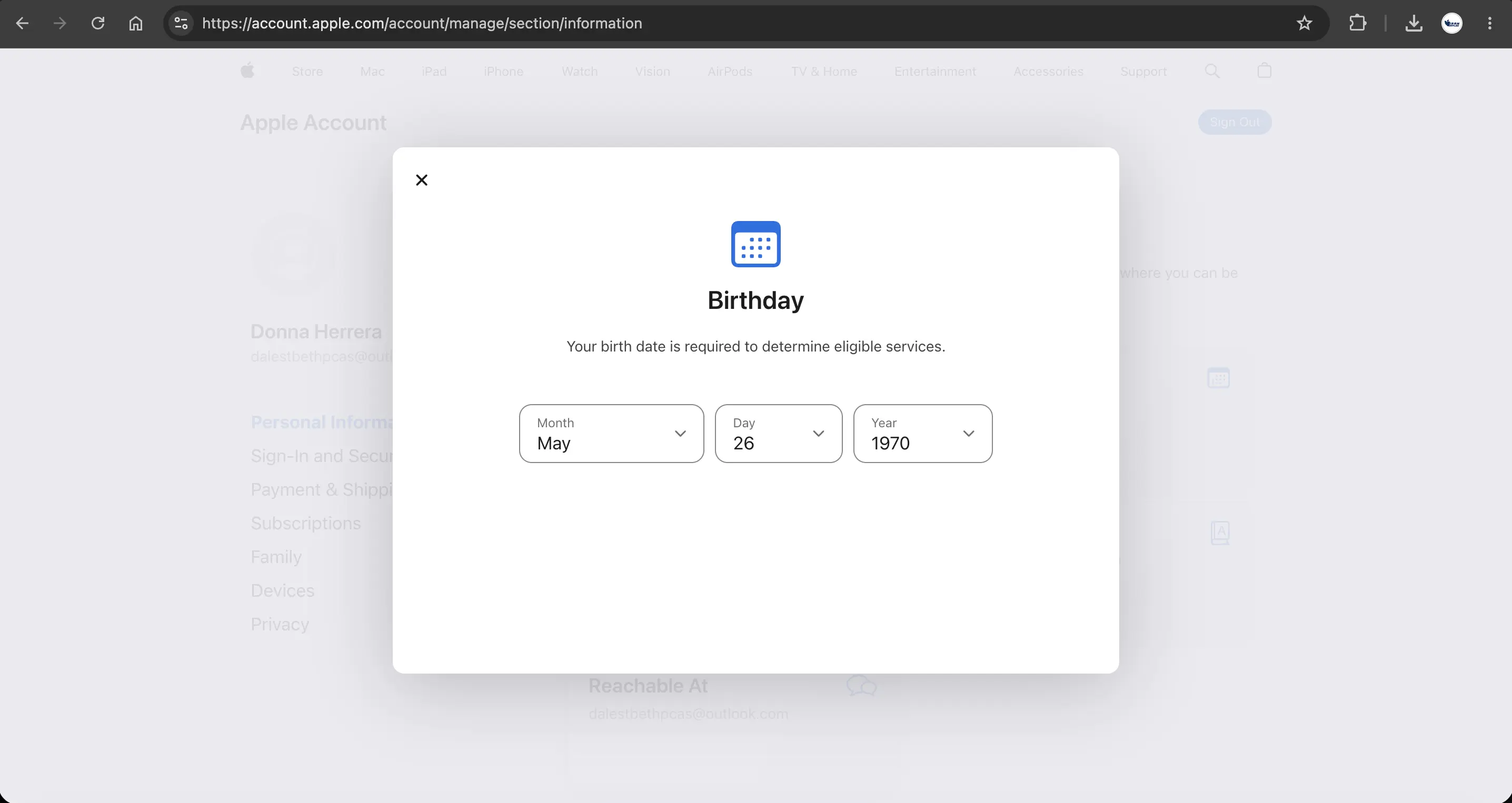 birthday در بخش personal information