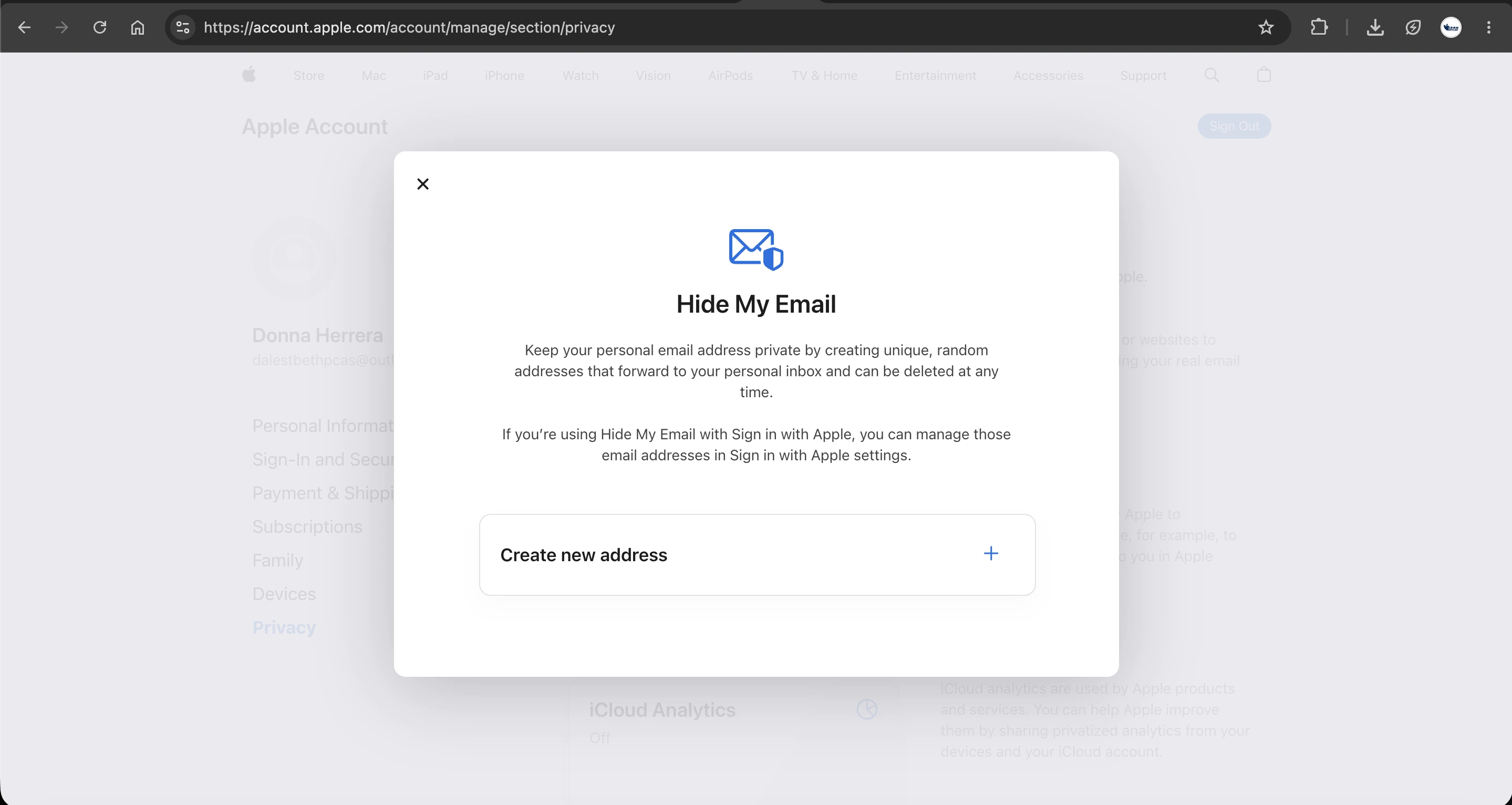 بخش Hide My Email در سایت اپل آیدی